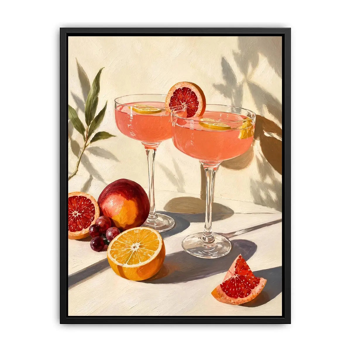 Citrus cocktail still life canvas art for elegant kitchen or dining room decor.