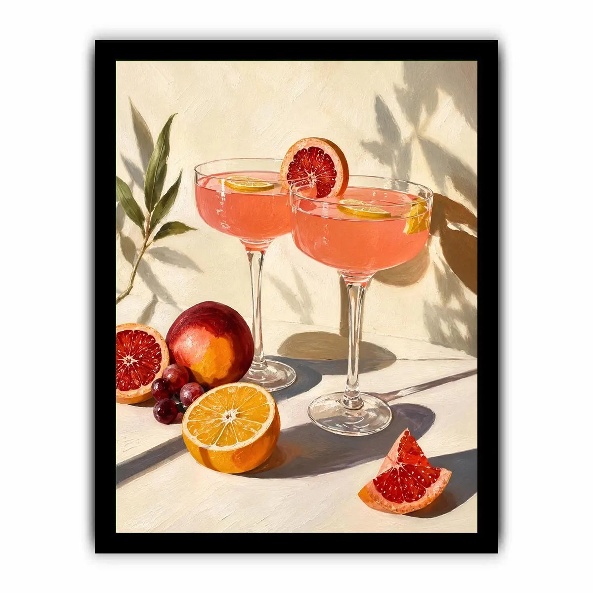 Citrus cocktail still life canvas art for elegant kitchen or dining room decor.