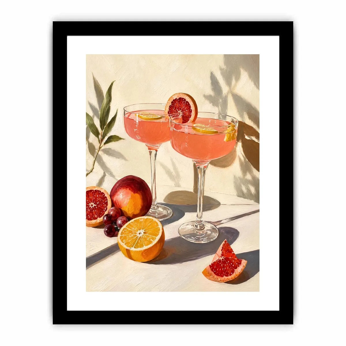 Citrus cocktail still life canvas art for elegant kitchen or dining room decor.