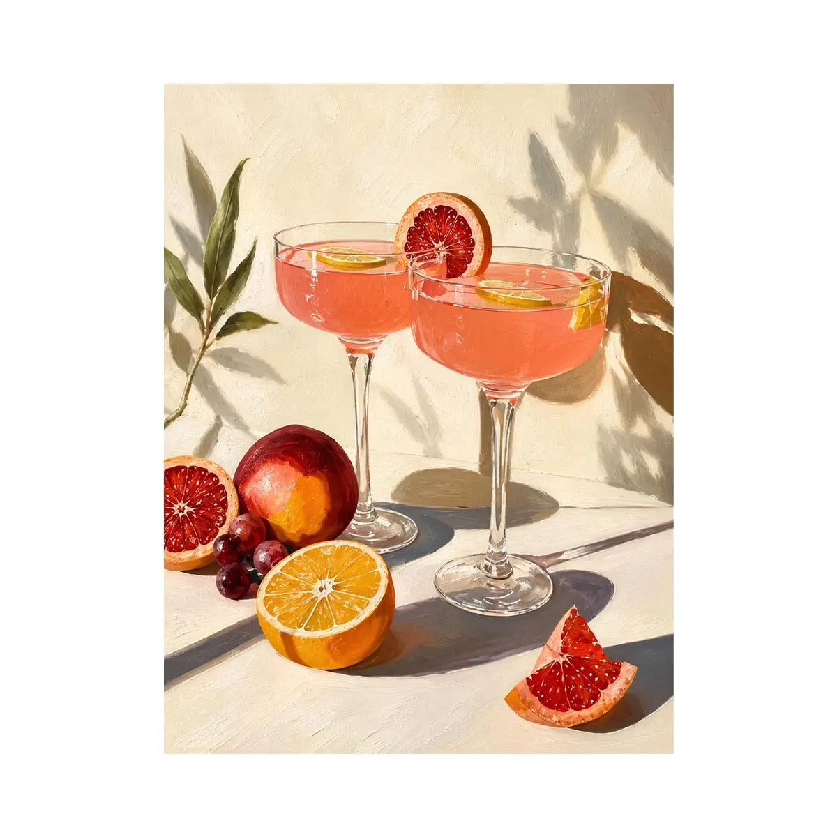 Citrus cocktail still life canvas art for elegant kitchen or dining room decor.