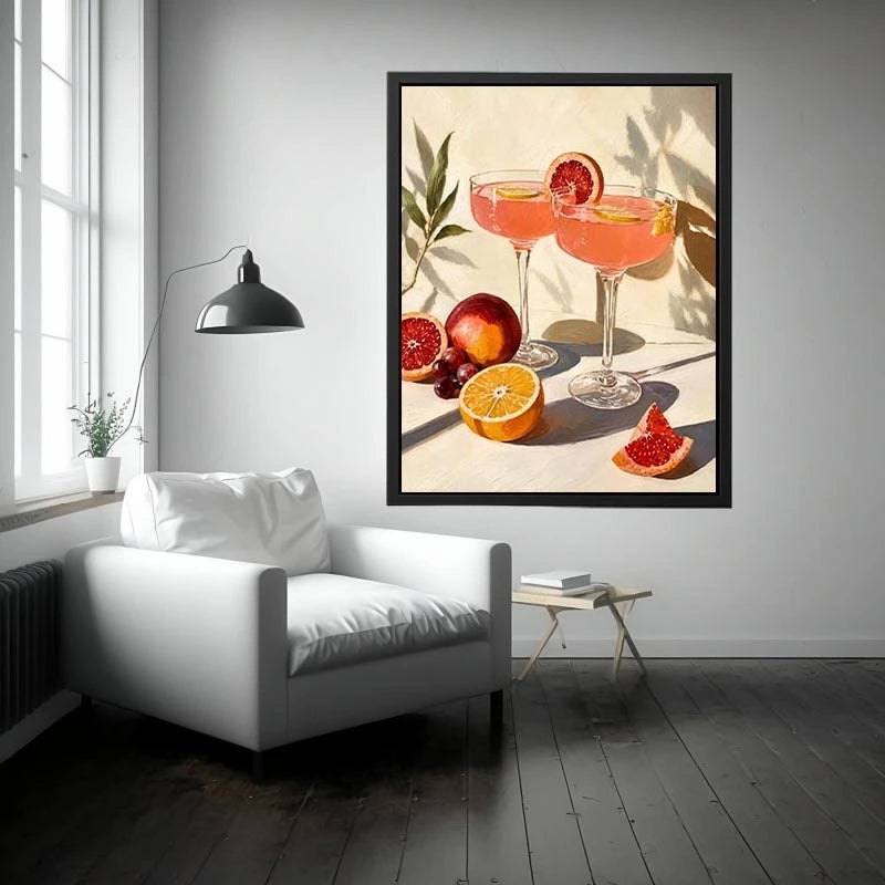 Citrus cocktail still life canvas art for elegant kitchen or dining room decor.