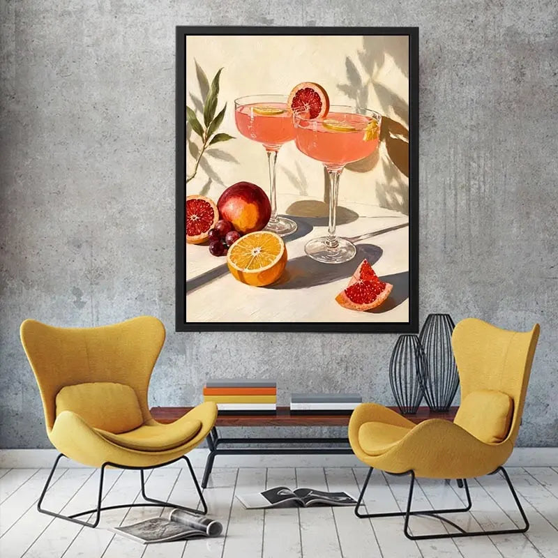 Citrus cocktail still life canvas art for elegant kitchen or dining room decor.