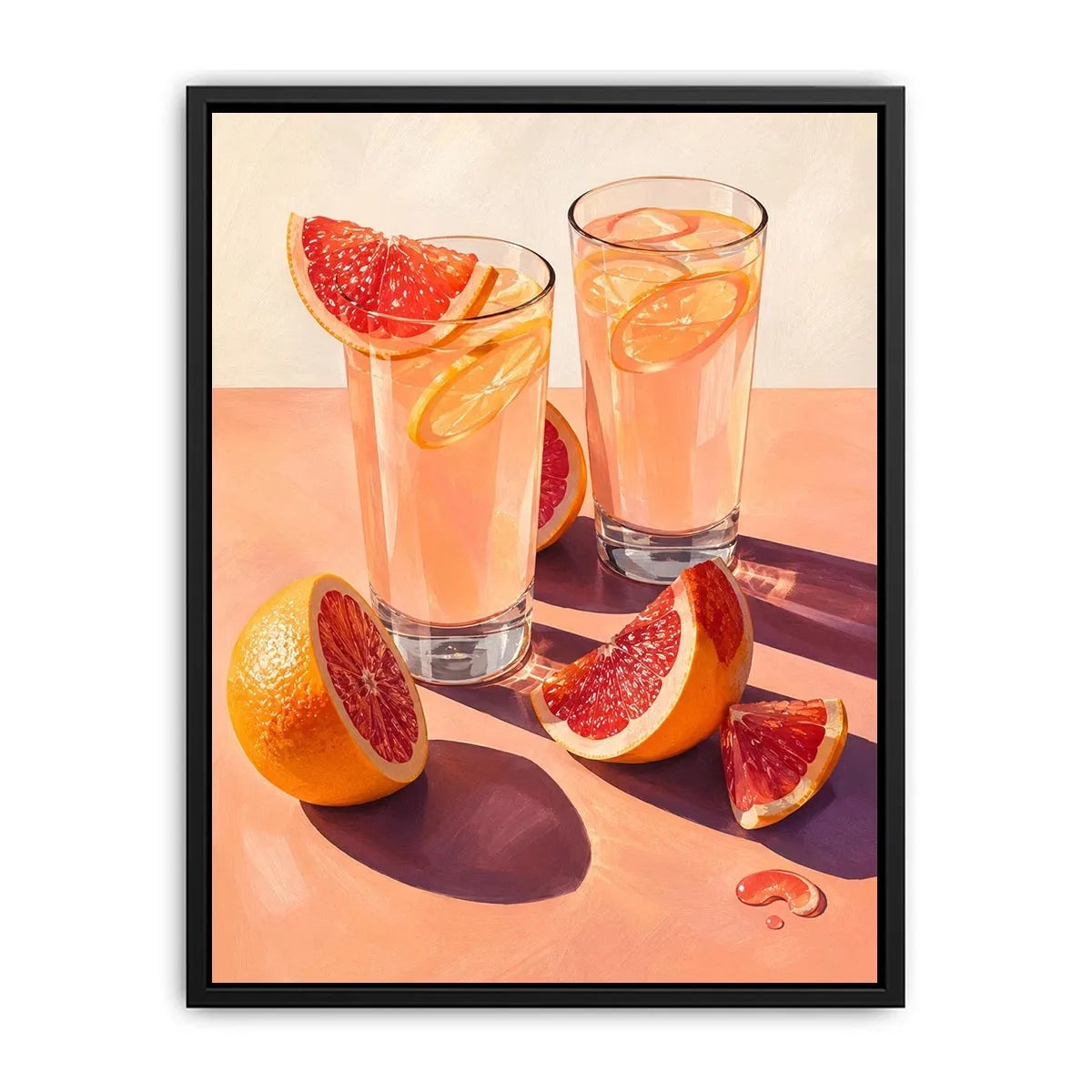 Pink citrus cocktail canvas art for modern kitchen or dining room wall decor.