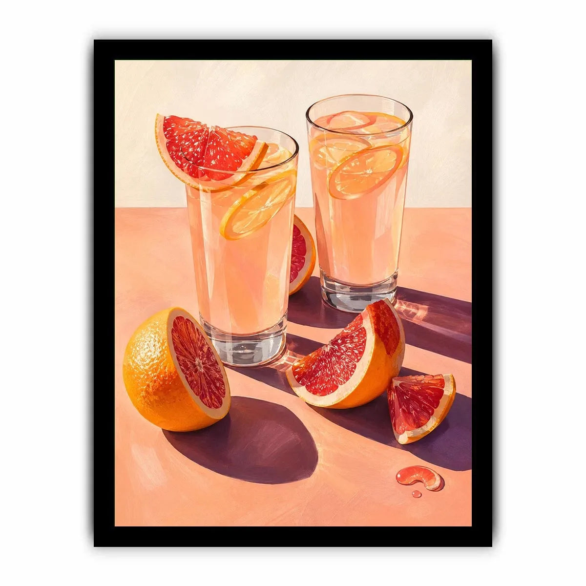 Pink citrus cocktail canvas art for modern kitchen or dining room wall decor.