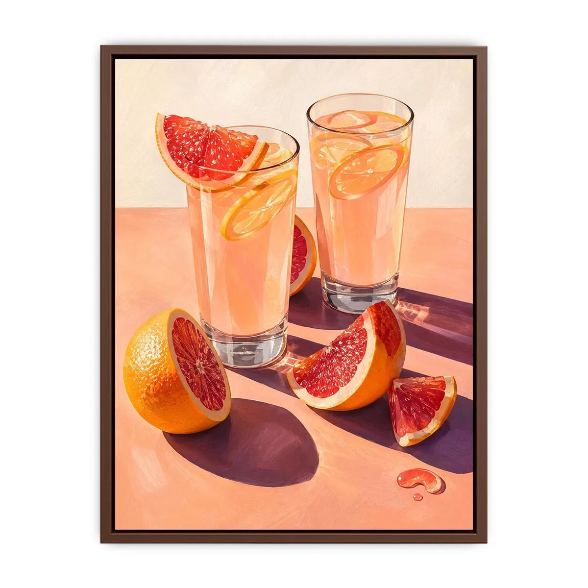 Pink citrus cocktail canvas art for modern kitchen or dining room wall decor.