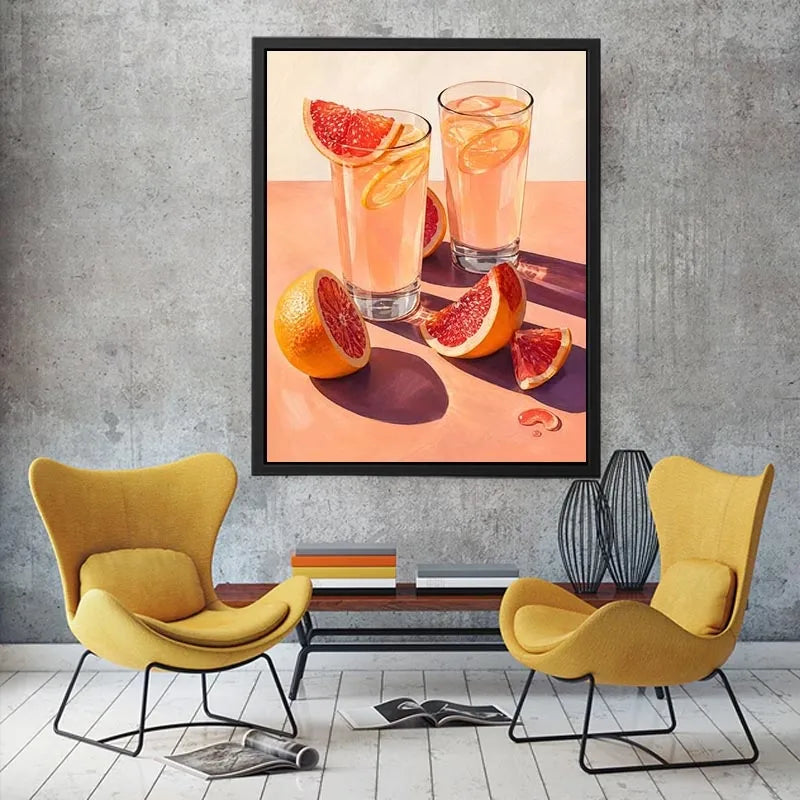 Pink citrus cocktail canvas art for modern kitchen or dining room wall decor.