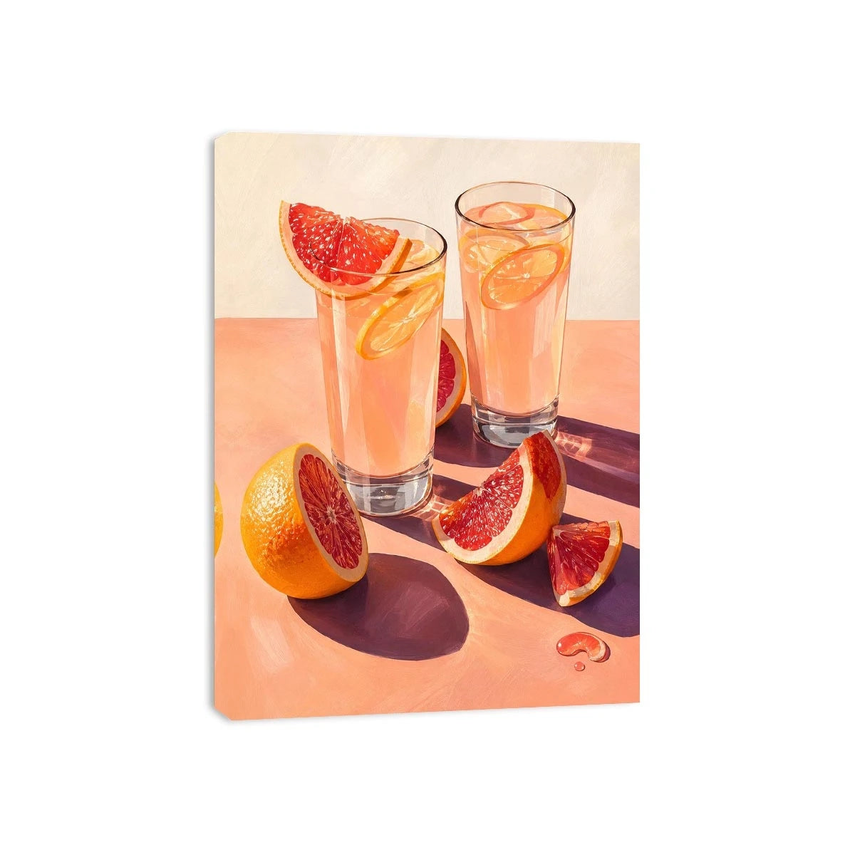Pink citrus cocktail canvas art for modern kitchen or dining room wall decor.