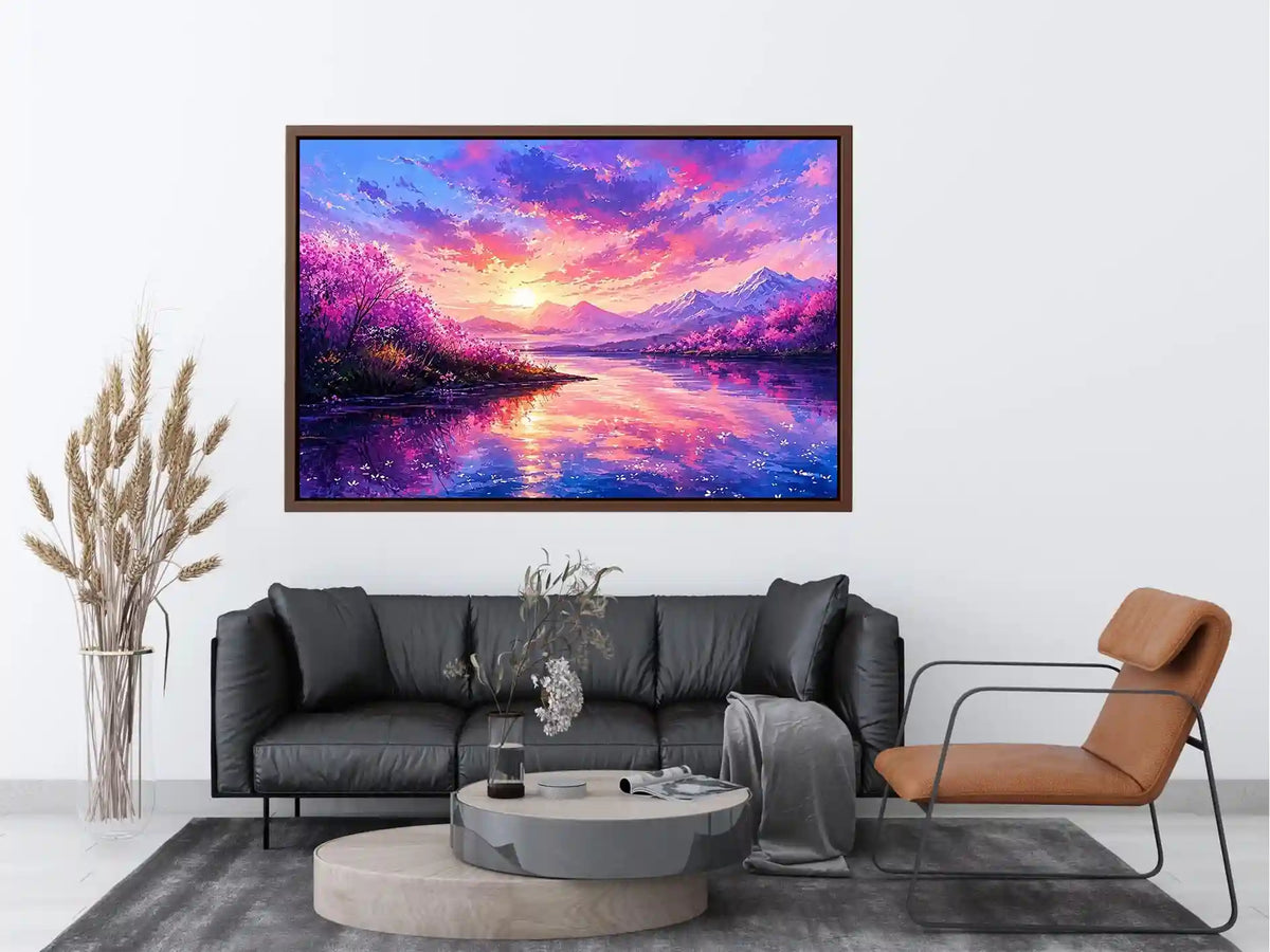 Fantasy cherry blossom landscape canvas art for vibrant living room or gaming room decor.