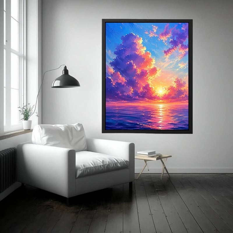 Fantasy ocean sunset canvas art for dreamy bedroom or living room wall decor.