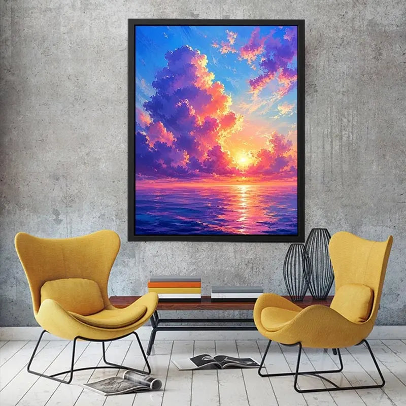 Fantasy ocean sunset canvas art for dreamy bedroom or living room wall decor.