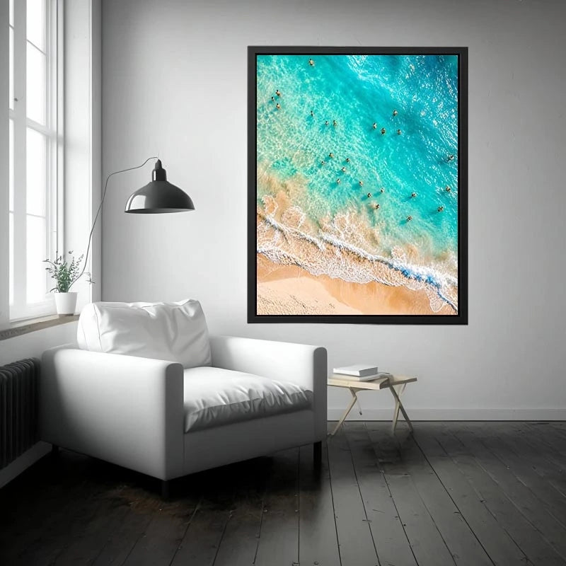 Aerial turquoise beach canvas art for coastal living room or bedroom wall decor.