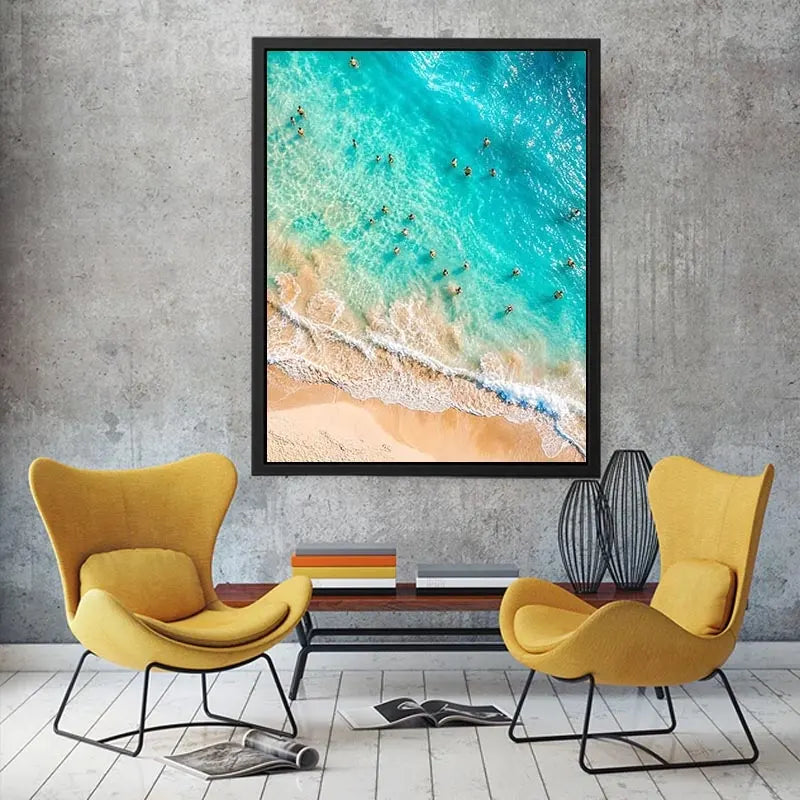 Aerial turquoise beach canvas art for coastal living room or bedroom wall decor.