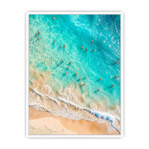 Aerial turquoise beach canvas art for coastal living room or bedroom wall decor.