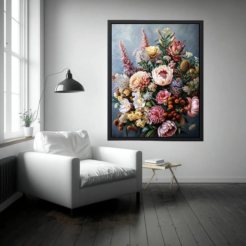 Luxury botanical floral canvas art for elegant dining room or living room decor.