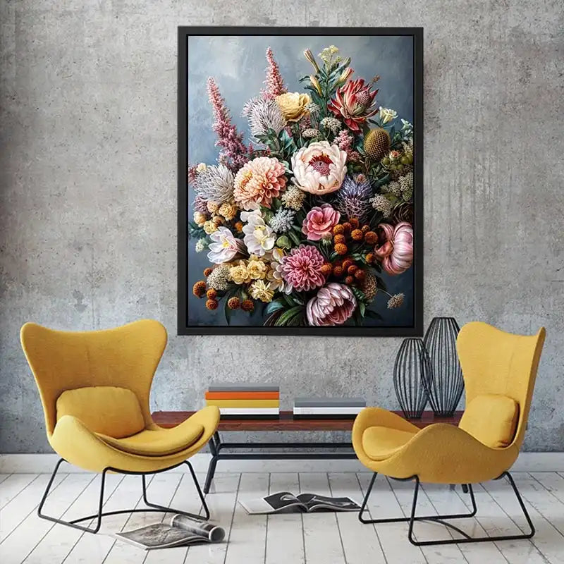 Luxury botanical floral canvas art for elegant dining room or living room decor.