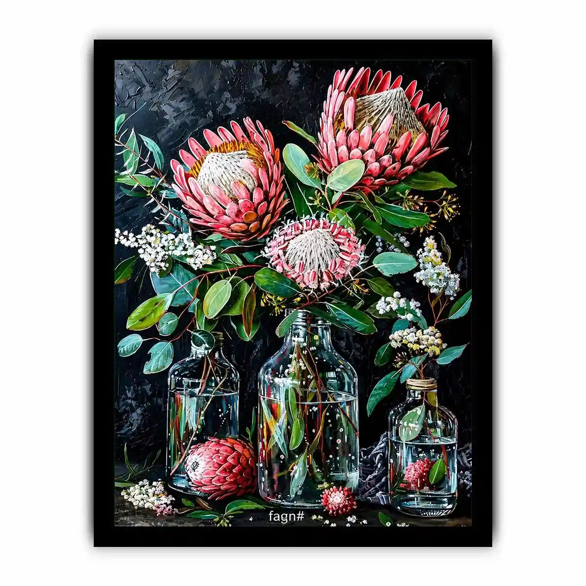 Luxury protea floral canvas art with dark botanical styling for elegant living room decor.