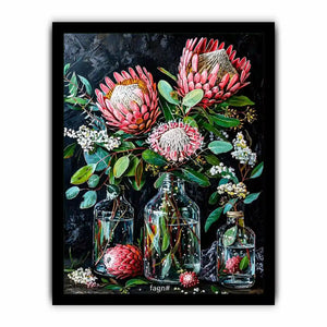 Luxury protea floral canvas art with dark botanical styling for elegant living room decor.