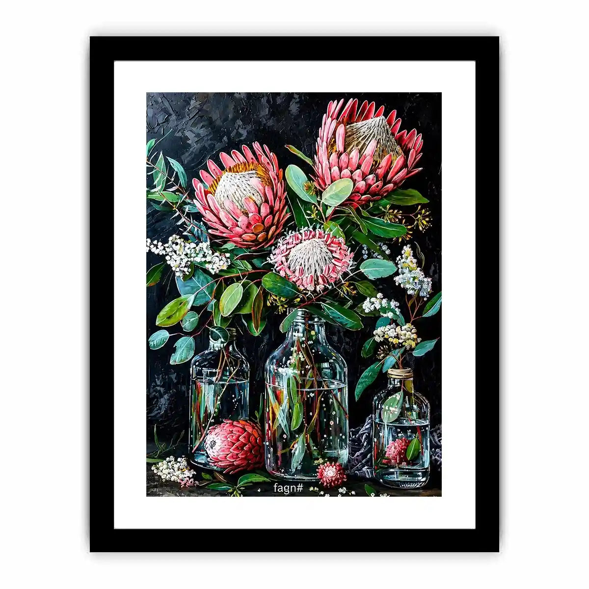 Luxury protea floral canvas art with dark botanical styling for elegant living room decor.