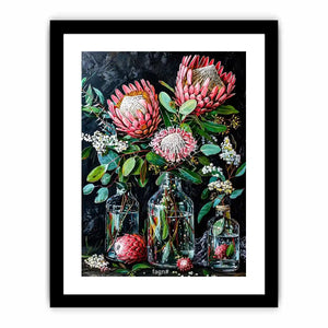 Luxury protea floral canvas art with dark botanical styling for elegant living room decor.