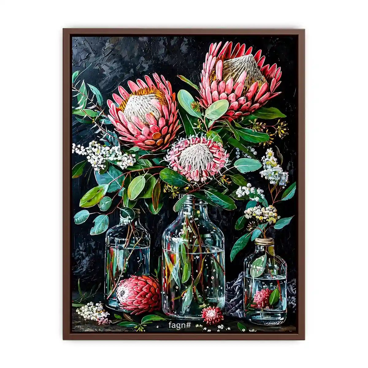 Luxury protea floral canvas art with dark botanical styling for elegant living room decor.