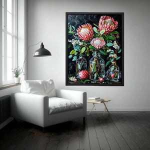 Luxury protea floral canvas art with dark botanical styling for elegant living room decor.