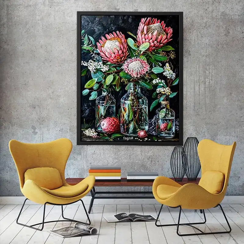 Luxury protea floral canvas art with dark botanical styling for elegant living room decor.