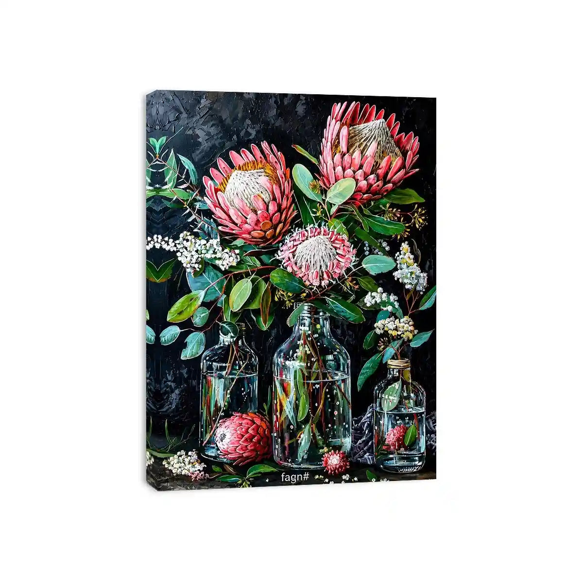 Luxury protea floral canvas art with dark botanical styling for elegant living room decor.