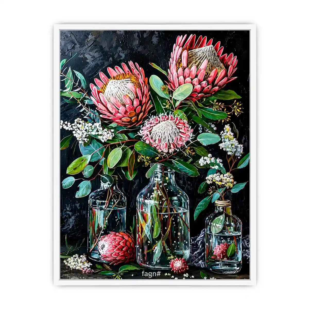 Luxury protea floral canvas art with dark botanical styling for elegant living room decor.