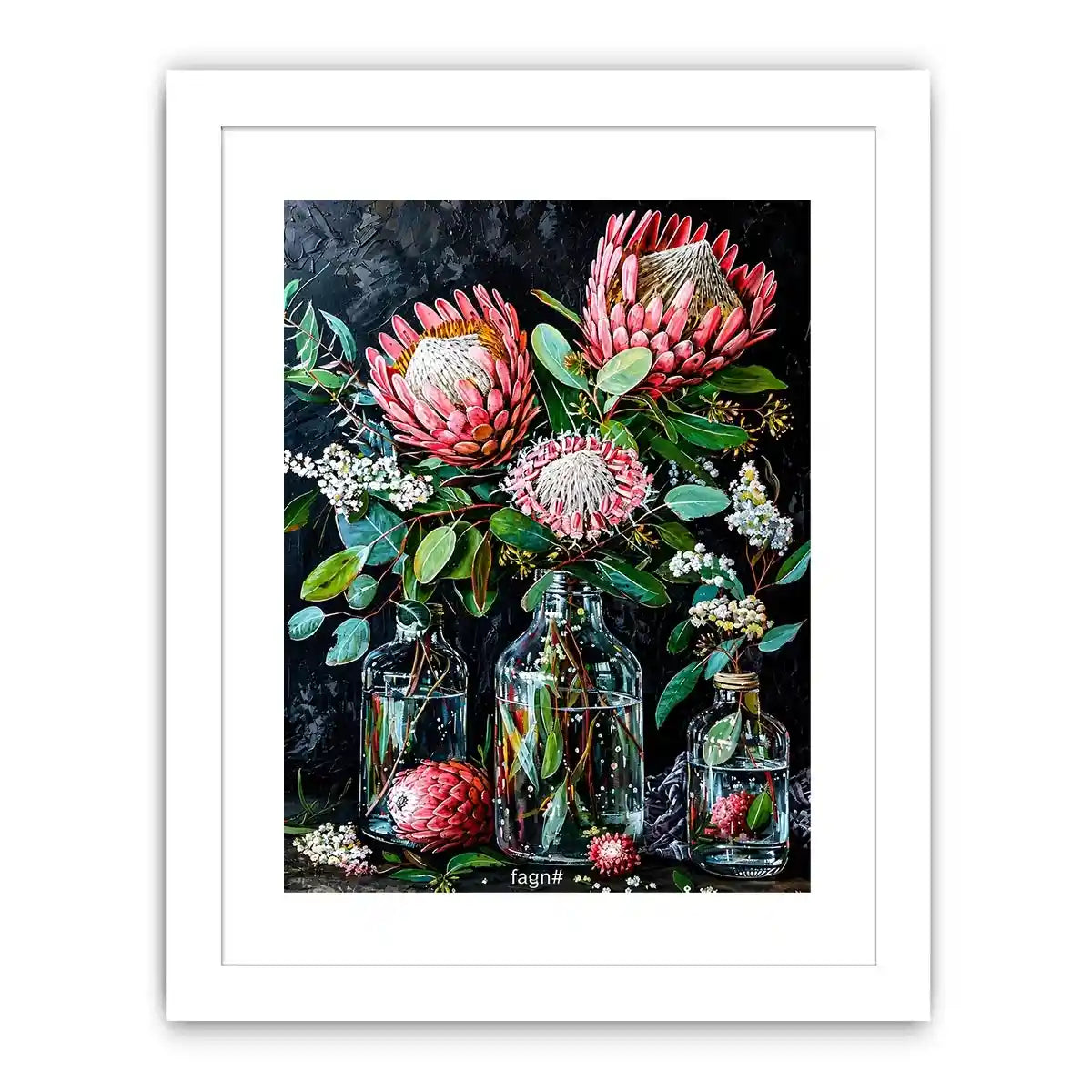 Luxury protea floral canvas art with dark botanical styling for elegant living room decor.