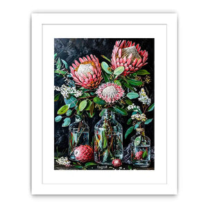 Luxury protea floral canvas art with dark botanical styling for elegant living room decor.