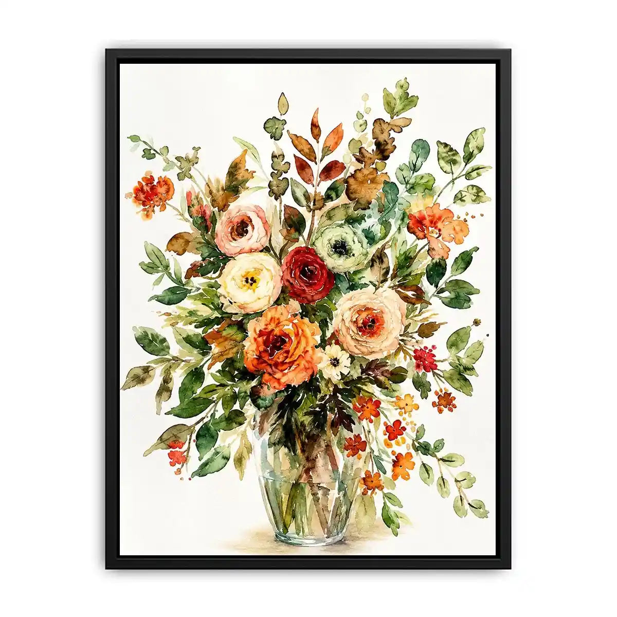 Elegant watercolor floral bouquet canvas art for warm modern living room decor.