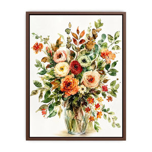 Elegant watercolor floral bouquet canvas art for warm modern living room decor.