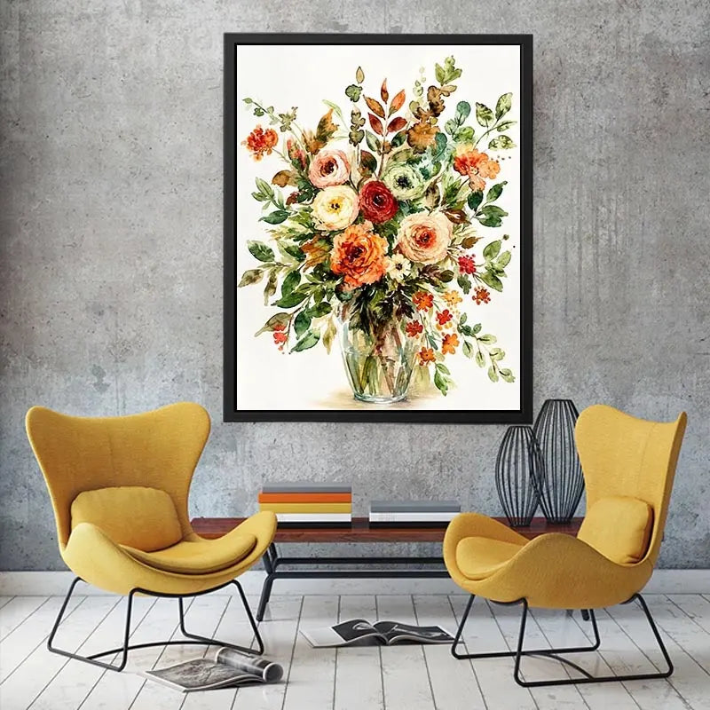 Elegant watercolor floral bouquet canvas art for warm modern living room decor.