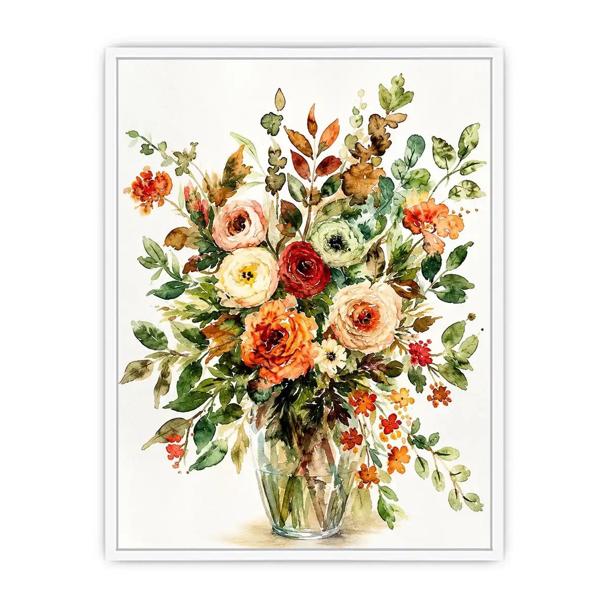 Elegant watercolor floral bouquet canvas art for warm modern living room decor.