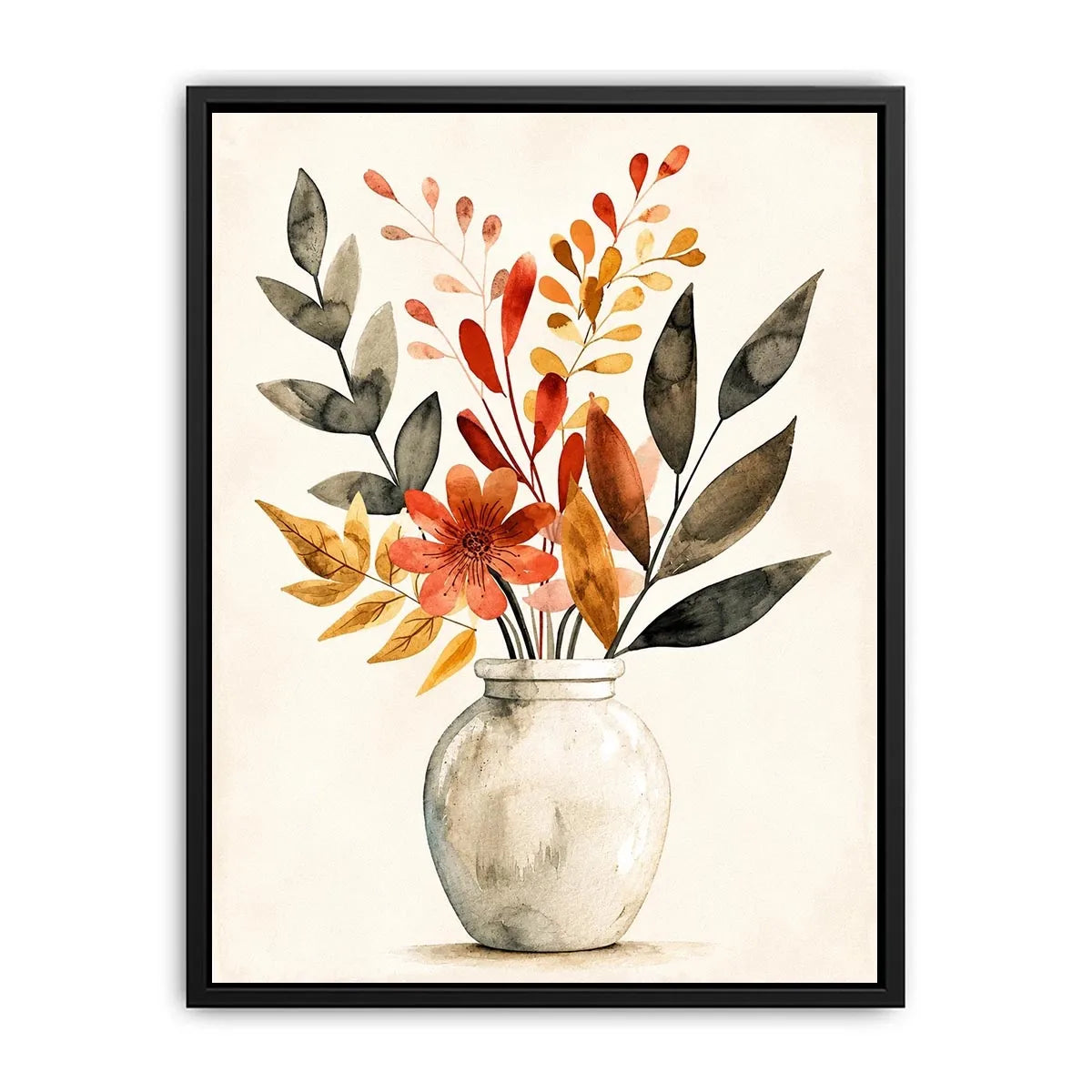 Minimal botanical vase canvas art with warm earthy leaves for modern living room decor.