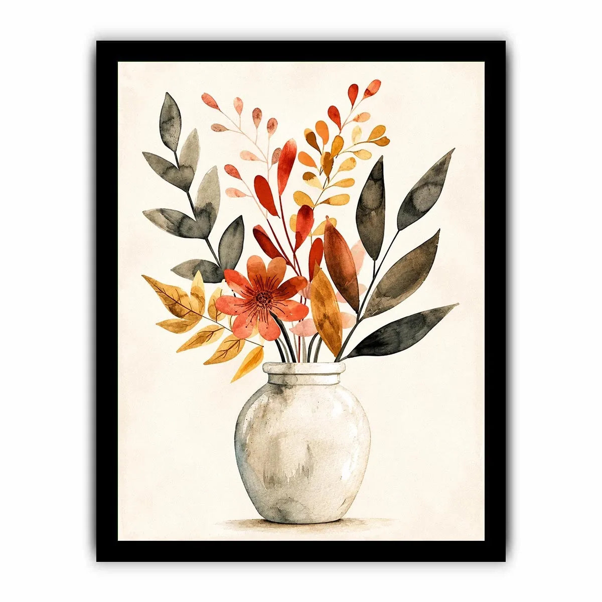 Minimal botanical vase canvas art with warm earthy leaves for modern living room decor.