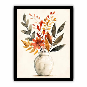 Minimal botanical vase canvas art with warm earthy leaves for modern living room decor.