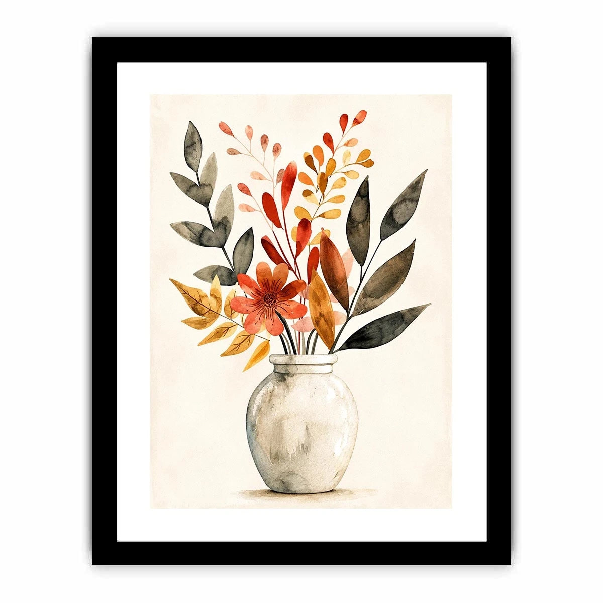Minimal botanical vase canvas art with warm earthy leaves for modern living room decor.