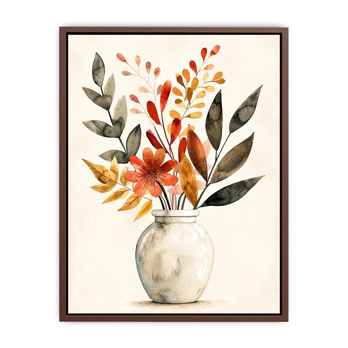 Minimal botanical vase canvas art with warm earthy leaves for modern living room decor.