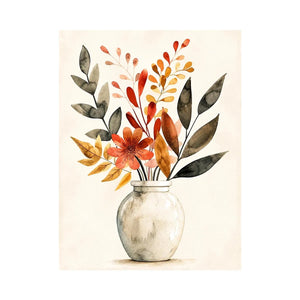 Minimal botanical vase canvas art with warm earthy leaves for modern living room decor.