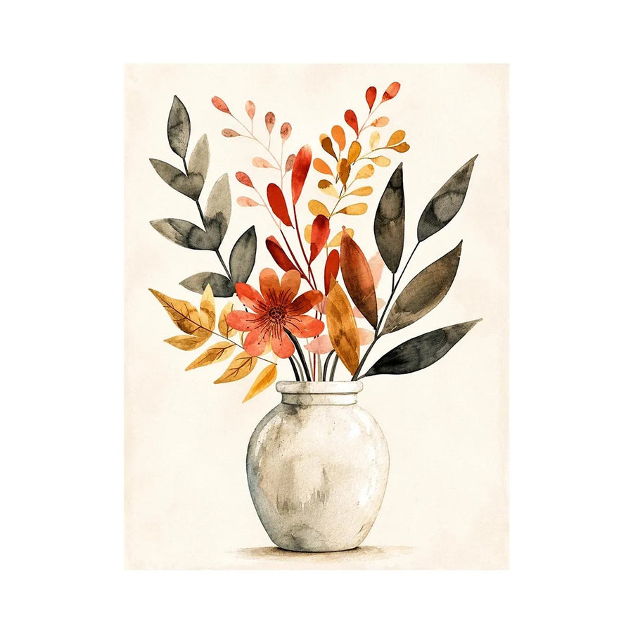 Minimal botanical vase canvas art with warm earthy leaves for modern living room decor.