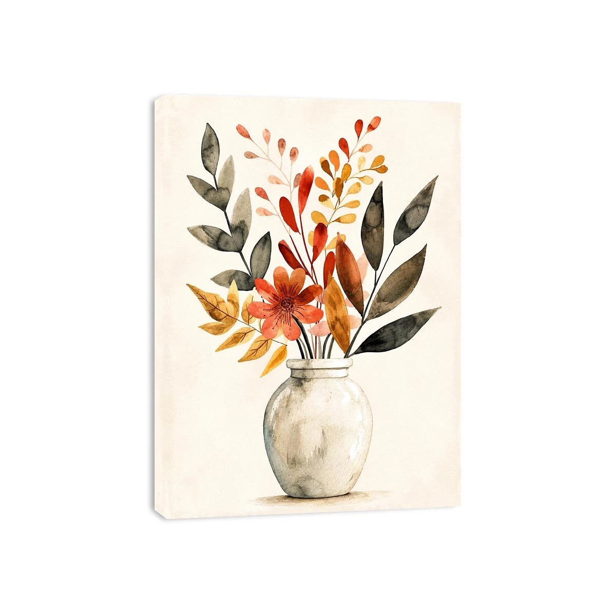 Minimal botanical vase canvas art with warm earthy leaves for modern living room decor.