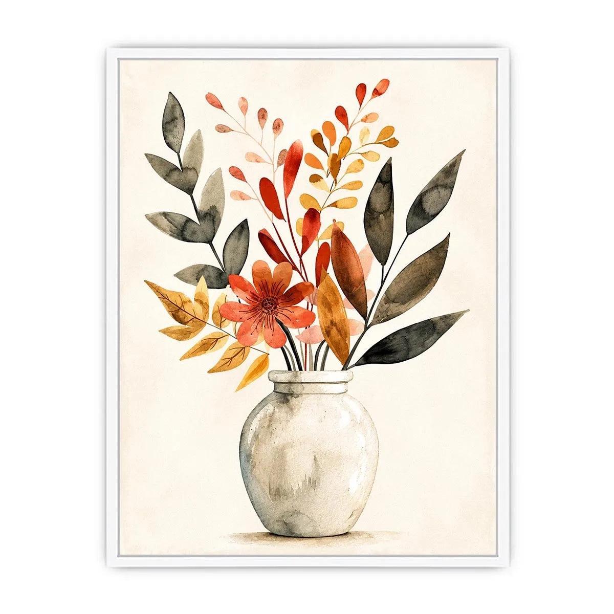 Minimal botanical vase canvas art with warm earthy leaves for modern living room decor.