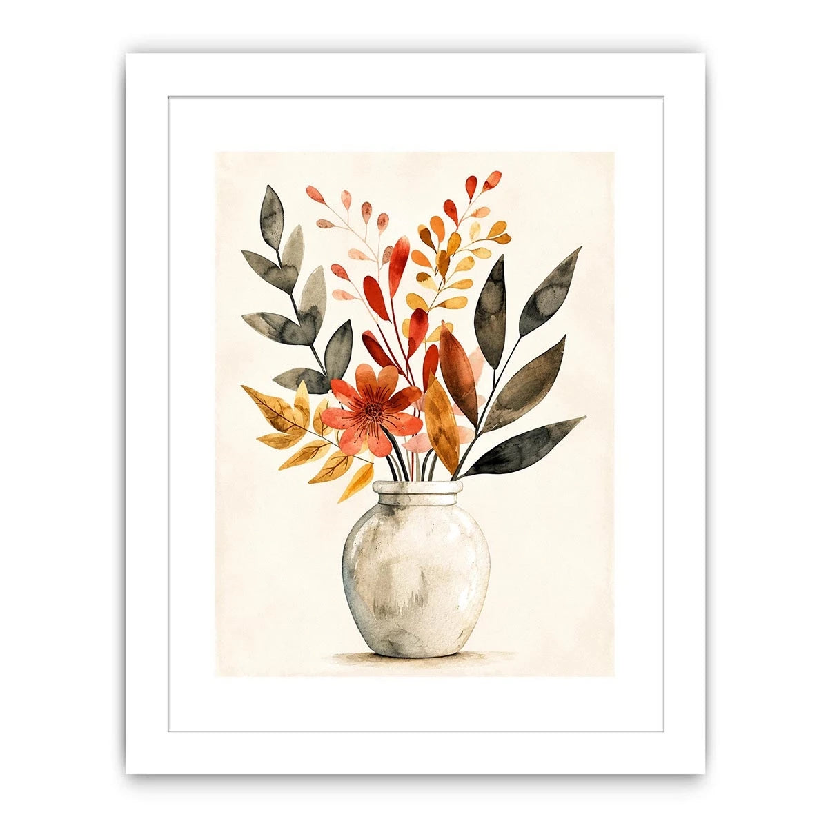 Minimal botanical vase canvas art with warm earthy leaves for modern living room decor.