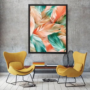 Soft tropical feather abstract canvas art for modern coastal living room decor.
