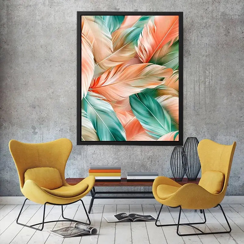Soft tropical feather abstract canvas art for modern coastal living room decor.
