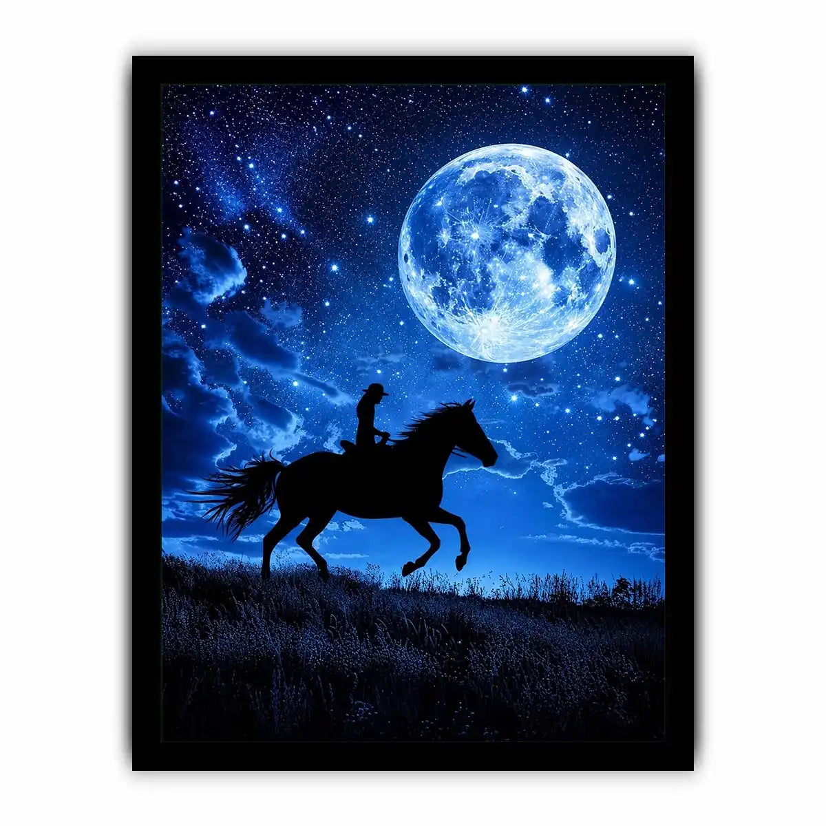 Moonlit horse rider canvas art with starry night sky for dramatic bedroom decor.