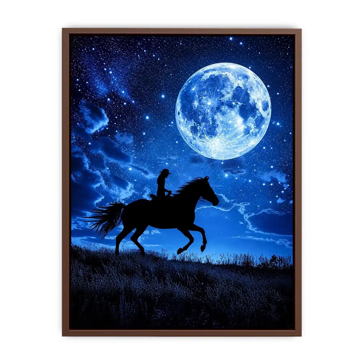 Moonlit horse rider canvas art with starry night sky for dramatic bedroom decor.