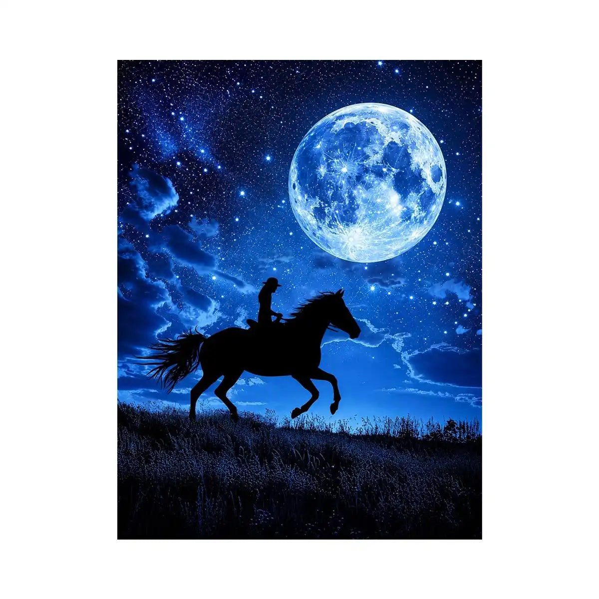Moonlit horse rider canvas art with starry night sky for dramatic bedroom decor.