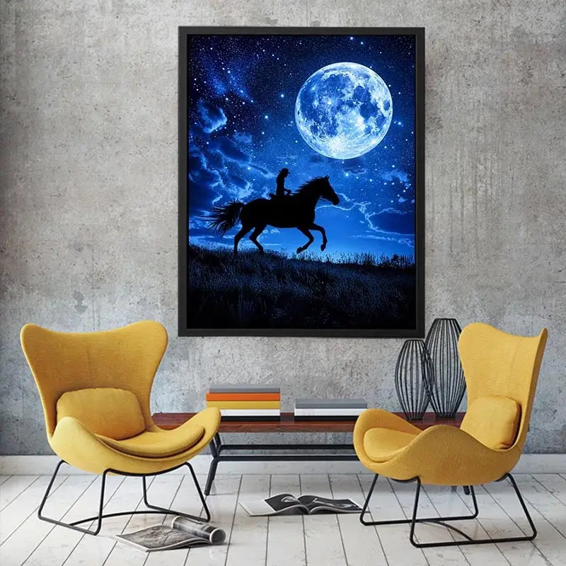 Moonlit horse rider canvas art with starry night sky for dramatic bedroom decor.